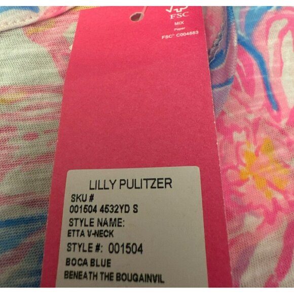 Lilly Pulitzer Etta V-Neck T-Shirt Size Medium Floral Pink Blue White Womens NWT - Picture 4 of 5
